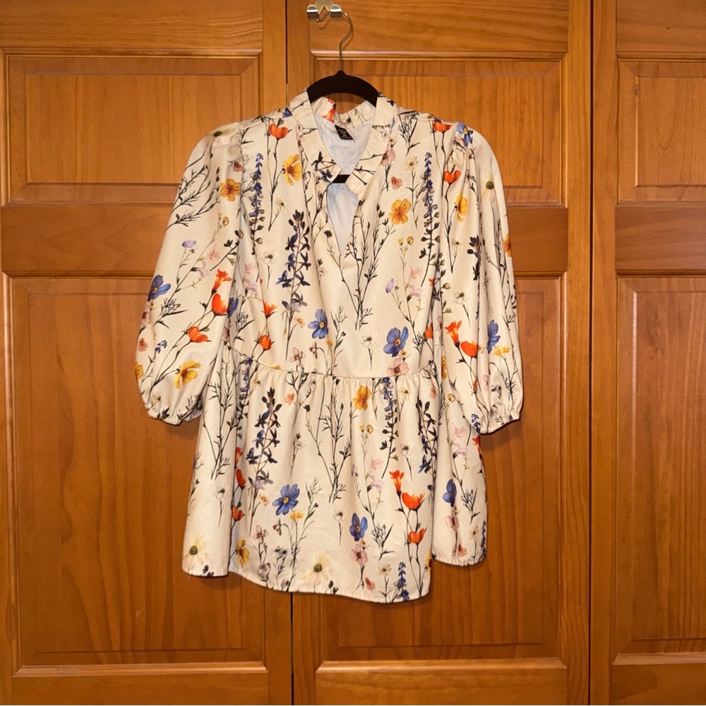 SHEIN Floral Print Blouse - Cream, Orange, Blue
